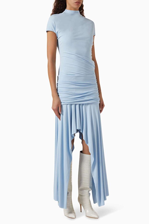 Asymmetrical Dress - Light Blue - 100% Viscose - Jersey Fabric - Modern Design