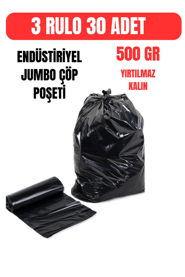 Kalın Çöp Torbası 500 gr X 3 Rulo Siyah Çöp Poşeti 80x110 Cm Jumbo Endüstriyel Çöp Torbası - 1