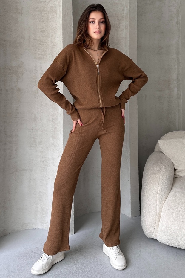 Brown Ribbed Knit Pants Bomber Jacket Women's Top and Bottom Set