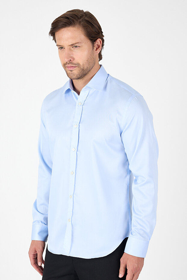 Blue Long Sleeve Italian Collar Easy-Iron Slim Fit 100% Cotton Shirt 1004250269
