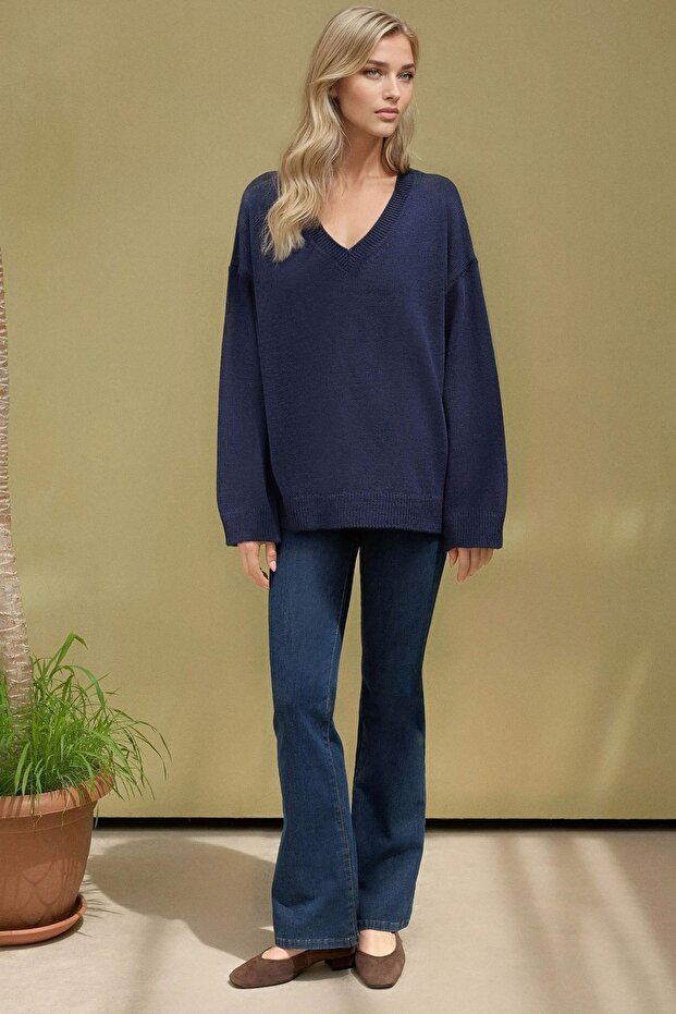 Kalın Örme V-Yaka Kazak - 4