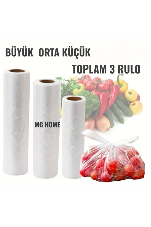3 RULO Büyük Orta Küçük Manav Rulo Market Manav Poşeti Hışır Poşet Şeffaf Poşet Meyve Sebze - 1