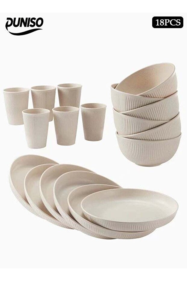 18-Piece Wheat Straw Tableware Set, Reusable, Including Bowls, Cups, Plates, Microwave And Dishwash