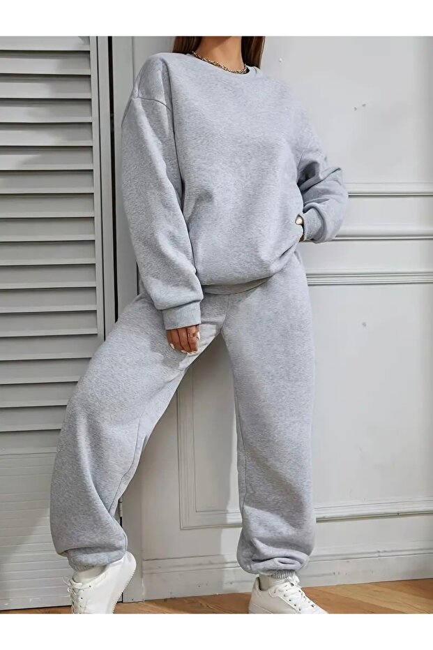 Basic Solid Sharpened Unisex Oversize Circle Neck Bottom/Upper Tracksuit Set - 1