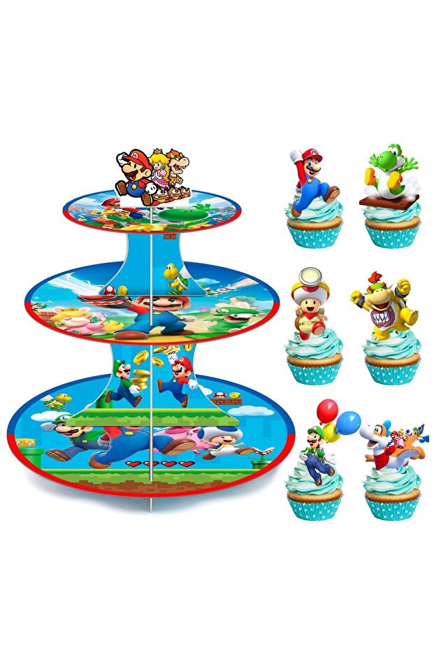 Super Mario Cupcake Stand, Super Mario Birthday Decorations 3-Tier Super Mario Bros Cupcake Stand w
