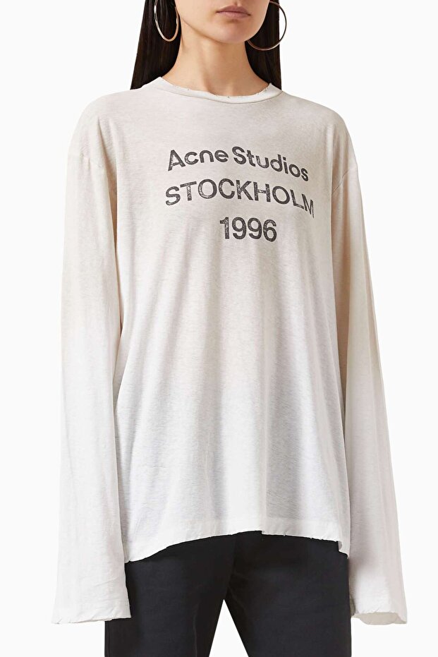 White 1996 Logo Printed T-Shirt - Cotton Blend - Oversized Cut and Worn Details