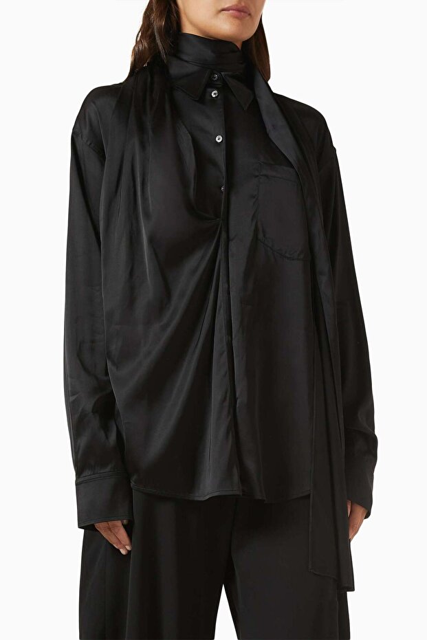 Satin Blouse - Black - 97% Viscose, 3% Elastane - Buttoned, Stylish Scarf Detail, Comfortable Fit