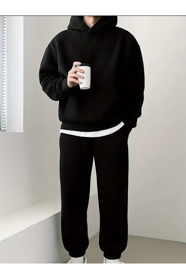 Plain Basic Men's Oversize Hooded Bottom/Tope Tracksuit Set - 1