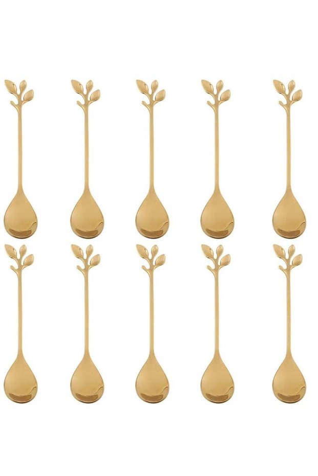10 Pack Stainless Steel Gold Leaf Coffee Spoon Creative Tableware Dessert Spoons Stirring Mixing Sugar Stir Ice Cream Cake Teaspoon Set