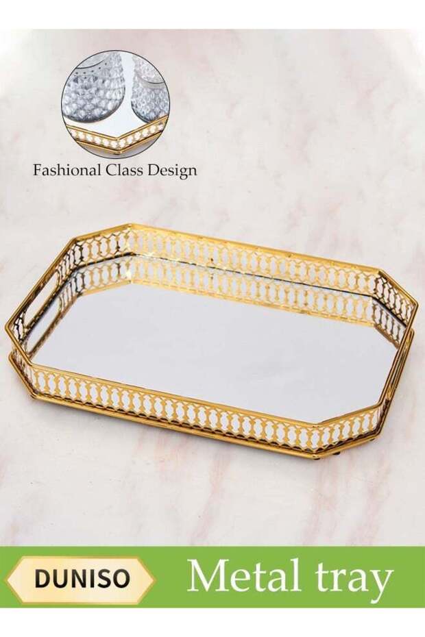 Square Gold Mirror Tray, Glass Metal Tray Dressing Table Tray Jewelry Storage, Decorative Makeup Pe