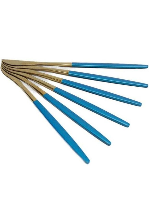 6Pcs Dessert Knives Flatware Blue Gold Cutlery Stainless Steel Tableware Colorful Mirror Kitchen Dinnerware Silverware 18x1.5x0.3 Cm Golden Blue