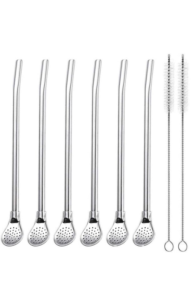6 Pack Reusable Stainless Steel Straw Spoons with Filter & Cleaning Brush, Dishwasher Safe