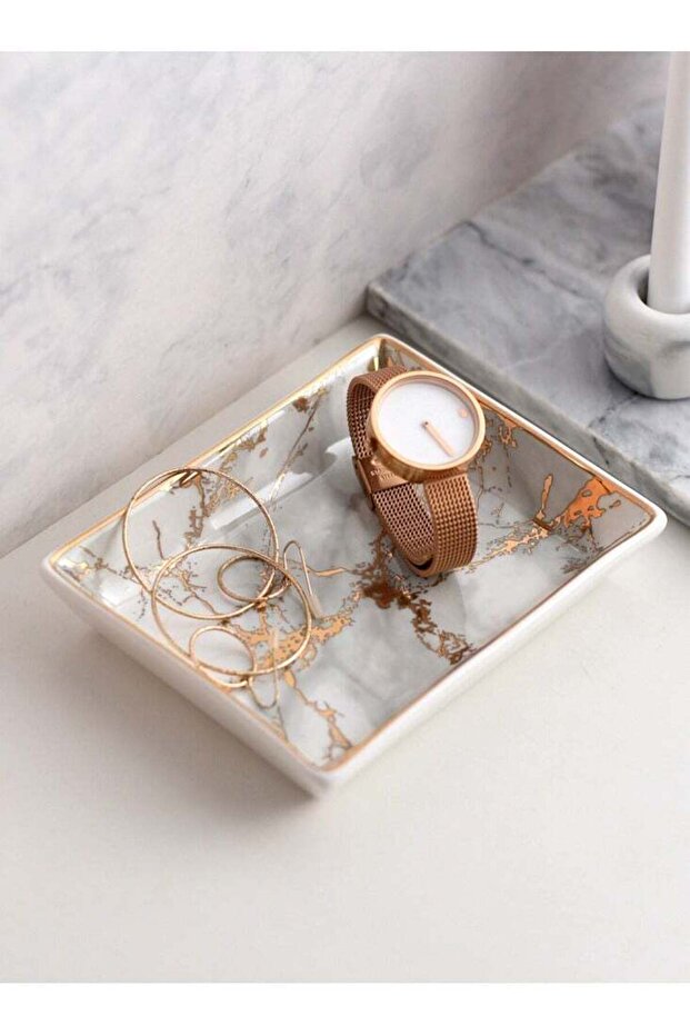 Marble Patterned Gold Edged Square Tray, Dressing Table Tray, Dressing Table Storage Tray, Bathroom