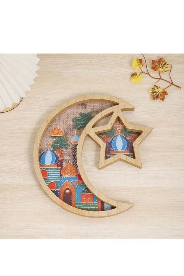 Moon Star Wooden Dessert Tray Home Decoration Ramadan Eid Party Tray Natural Wood Color