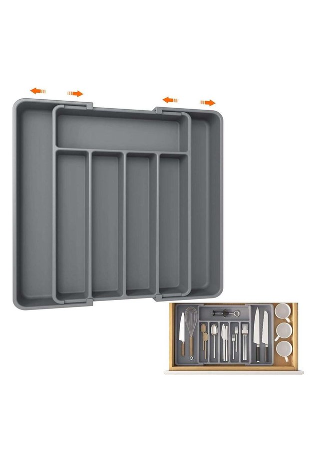 Utensil Rack and Silverware Organizer, Adjustable Cutlery Tray, Utensil Holder for Silverware, Flatware, Knives in Kitchen, Bedroom, Living Room Grey