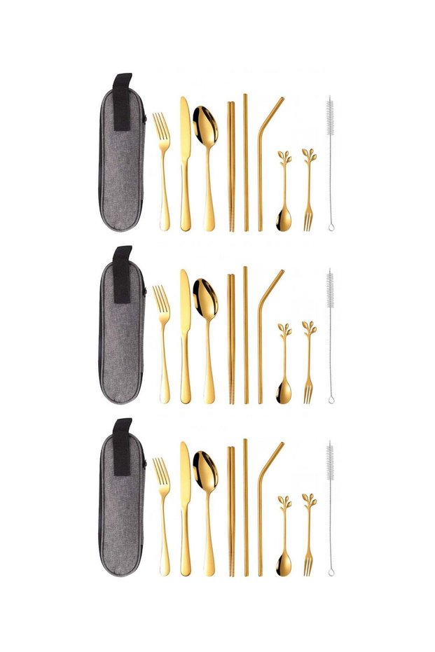 3X 9 Pieces Portable Stainless Steel Flatware Set, Reusable Travel Utensils Cutlery Set, Camping Tableware Dishwasher Safe with Case, Knife Fork Spoon Straws Chopsticks Cleaning Brush (Golden)