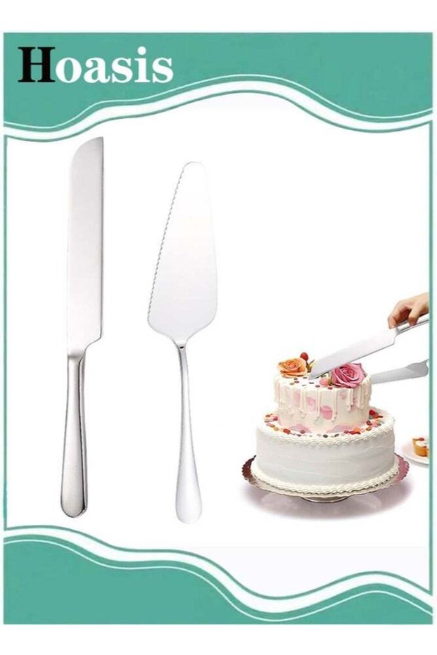 Cake Cutting Set, 2 Pcs Stainless Steel Cake Knife and Server Spatula, Serrated Blade Cake Cutter for Birthday, Wedding and Party, Pie and Pizza Serving Tool, Silver