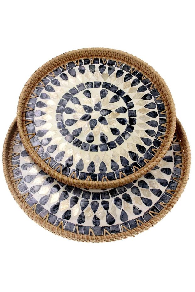 Set of 2 Sizes Round Rattan Serving Tray with Mother of Pearl Inlay, Handwoven Coffee Table Boho De