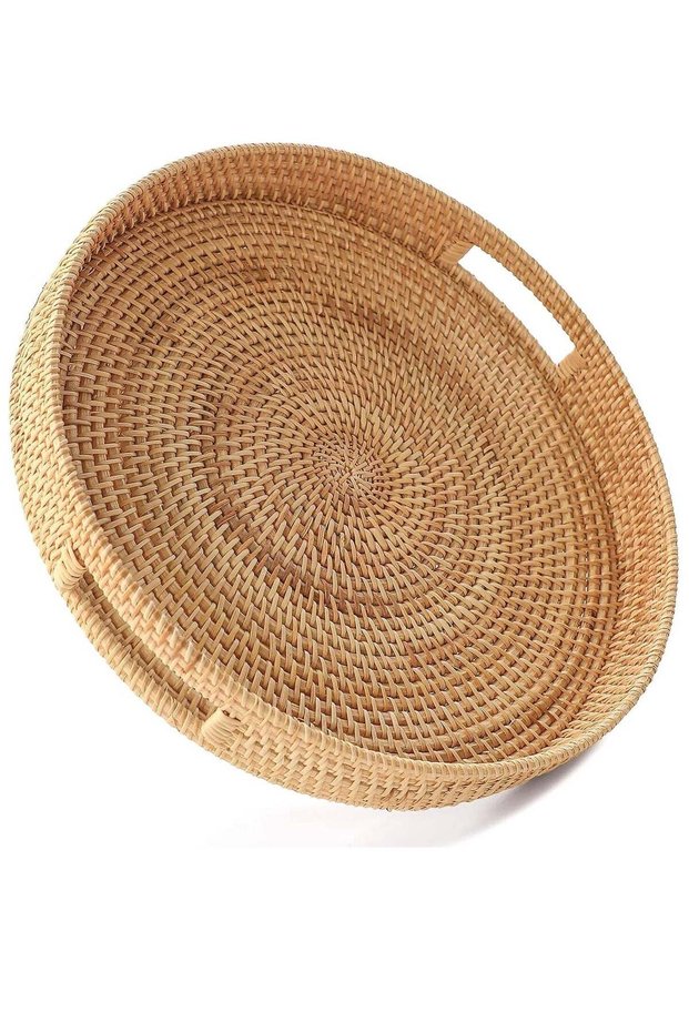 Round Rattan Woven Serving Tray, Decorative Display Tray with Handle Table, Desktop Organiser Tray,