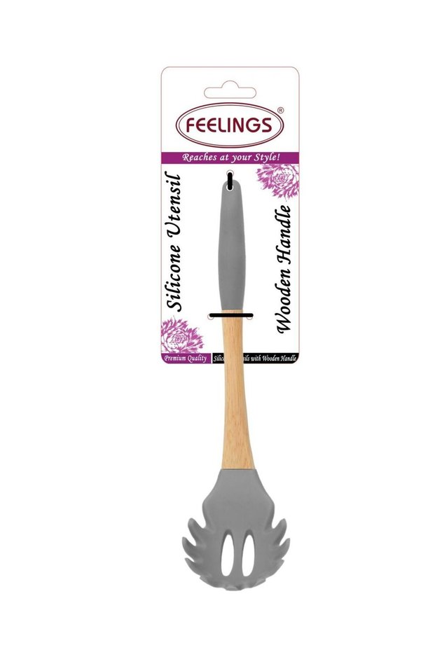 Feelings 30.5cm Silicone Pasta Server with Rubber Wood Handle – Heat-Resistant Non-Stick Safe Spaghetti Spoon for Serving Pasta & Noodles, Durable Ergonomic Kitchen Utensil, Grey