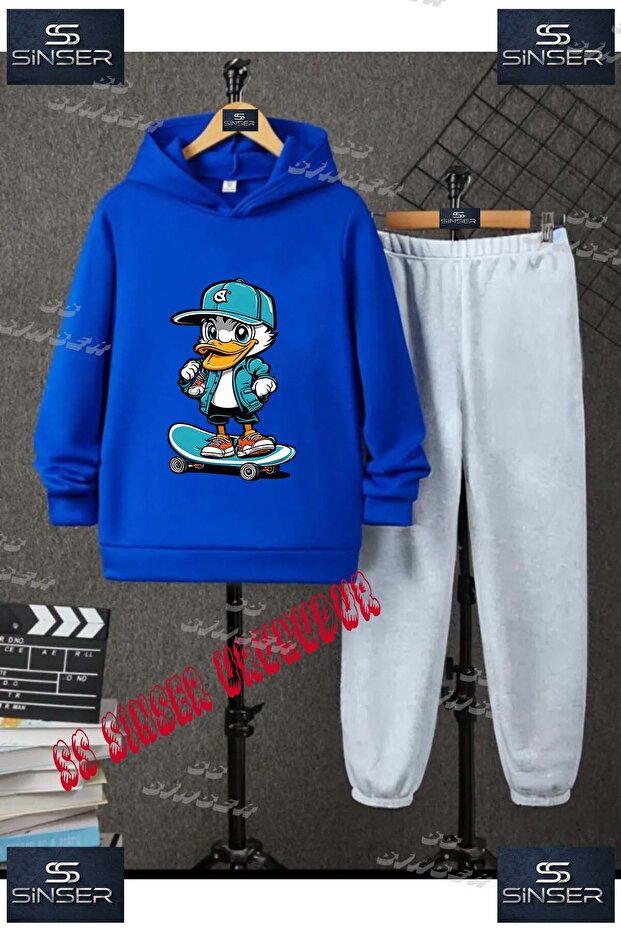 Children's Unisex "Duck Turquoise Skateboard" Special Printed Hooded Tracksuit Set