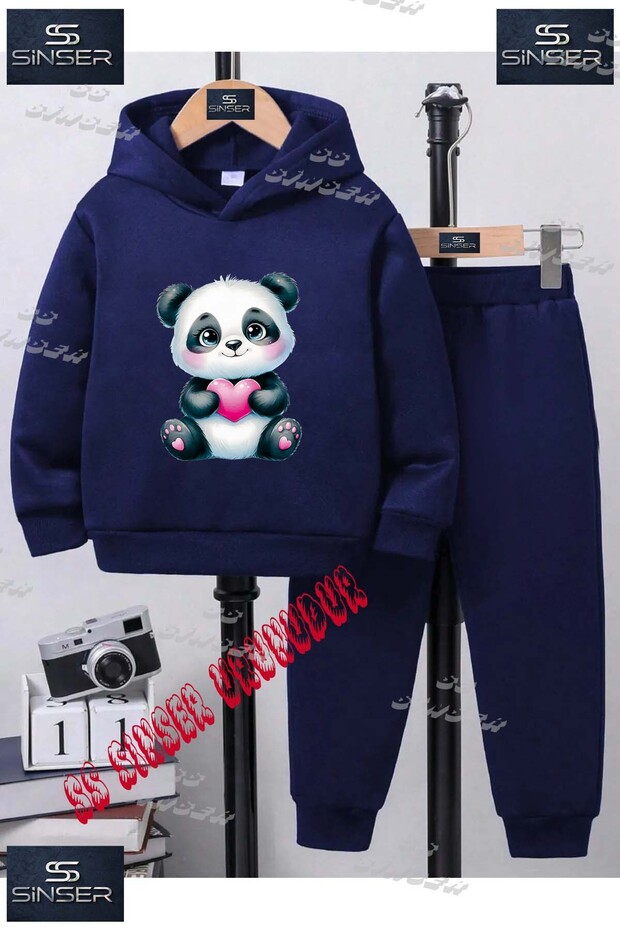 Children's Unisex "Panda Pink Heart" Special Printed Hooded Tracksuit Set