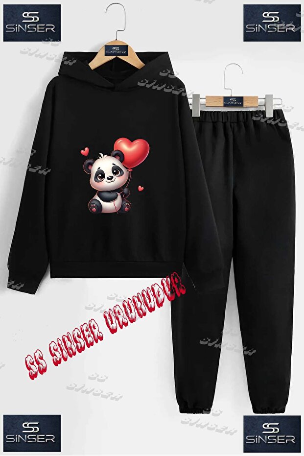 Children's Unisex "Panda Cute Heart" Special Printed Hooded Tracksuit Set