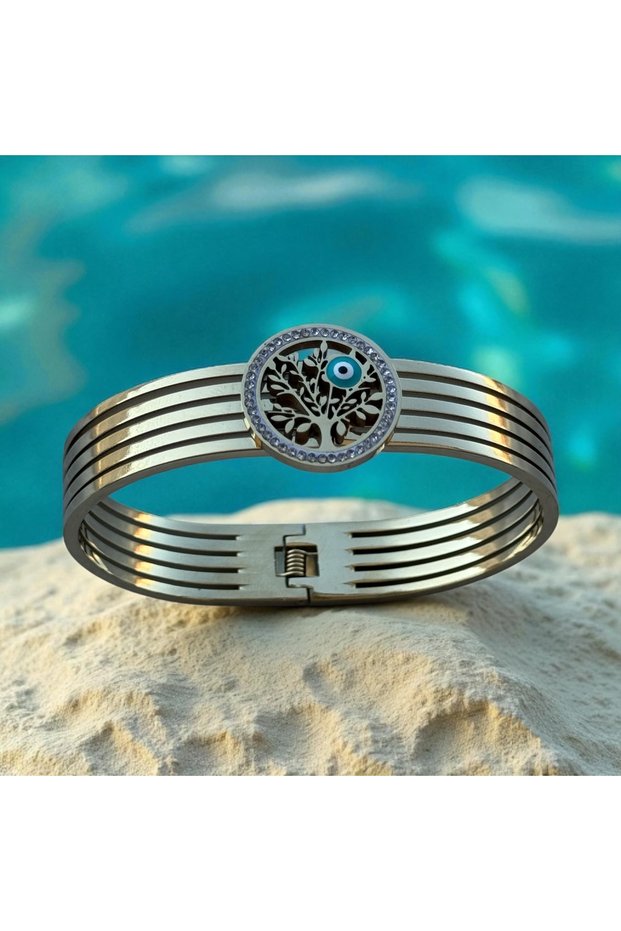 Steel Handcuff Bracelet Tarnish-Free Antiallergic Tree of Life Figured (2 Years Importer Guaranteed)