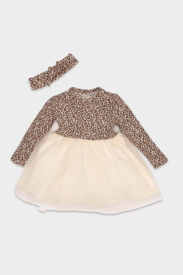 2-Piece Leopard Patterned Ribbed Camisole Sand Baby Girl Dress with Headband D7422A5/Bg744