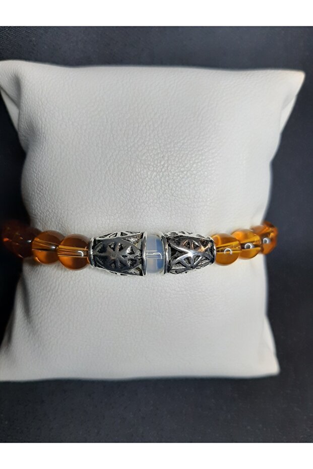 White Moonstone, Brown Glass Beads and Metal Funnel Bracelet