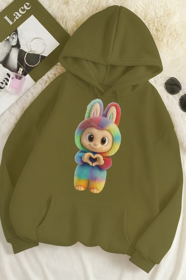 سويت شيرت مطبوع عليه 3 خيوط للجنسين مقاس كبير – نمط أرنب لابوبو 🐰 🦋