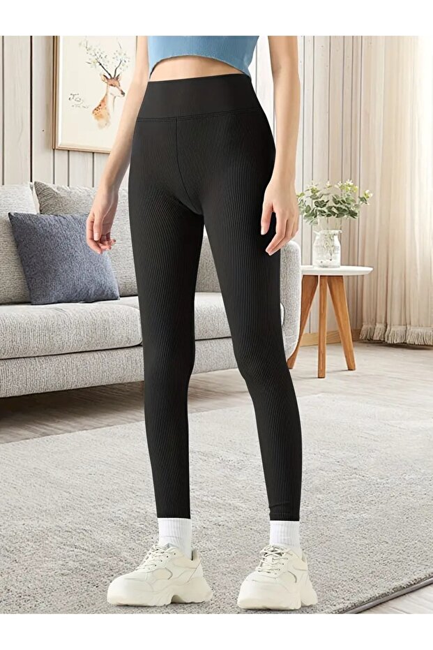 Black Color Women's High Waist Sports Ribbed Leggings - Casual - Stretchy - Stylish