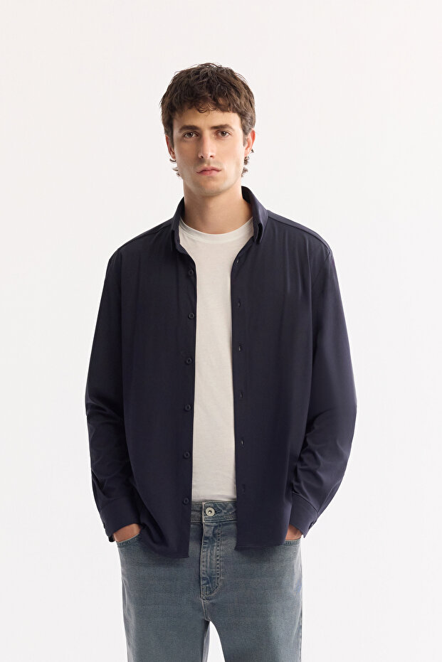 Erkek Lacivert Kolay Ütülenebilir Uzun Kollu Regular Fit Gömlek A52Y2107 - 1