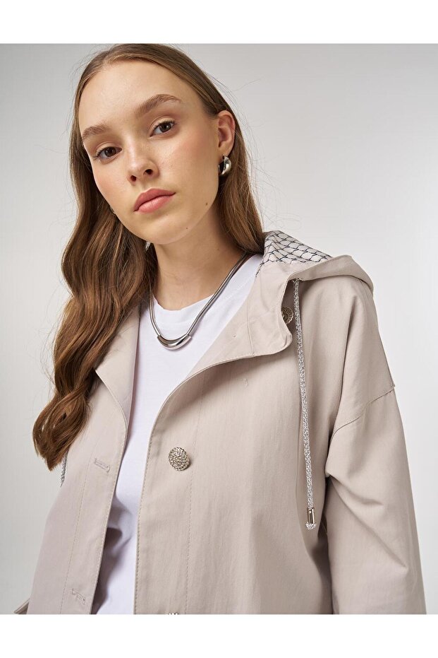 Kapüşonlu Kısa Trençkot Taş - 8