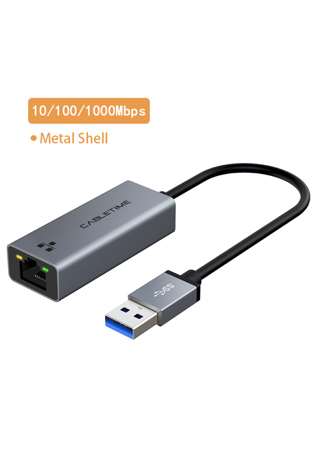 محول إيثرنت USB-A من كابل تايم بسرعة 1000 ميجابت في الثانية، مزود بمنفذ USB 3.0 وبطاقة شبكة RJ45 بسرعة 100/1000 ميجابت في الثانية.