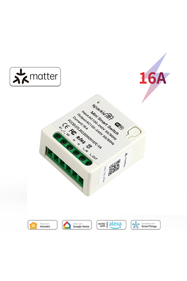 1pc Matter 16A WiFi mini Smart Switch Pass-through Disconnect Dual Control Outletorks Remote Control - 1