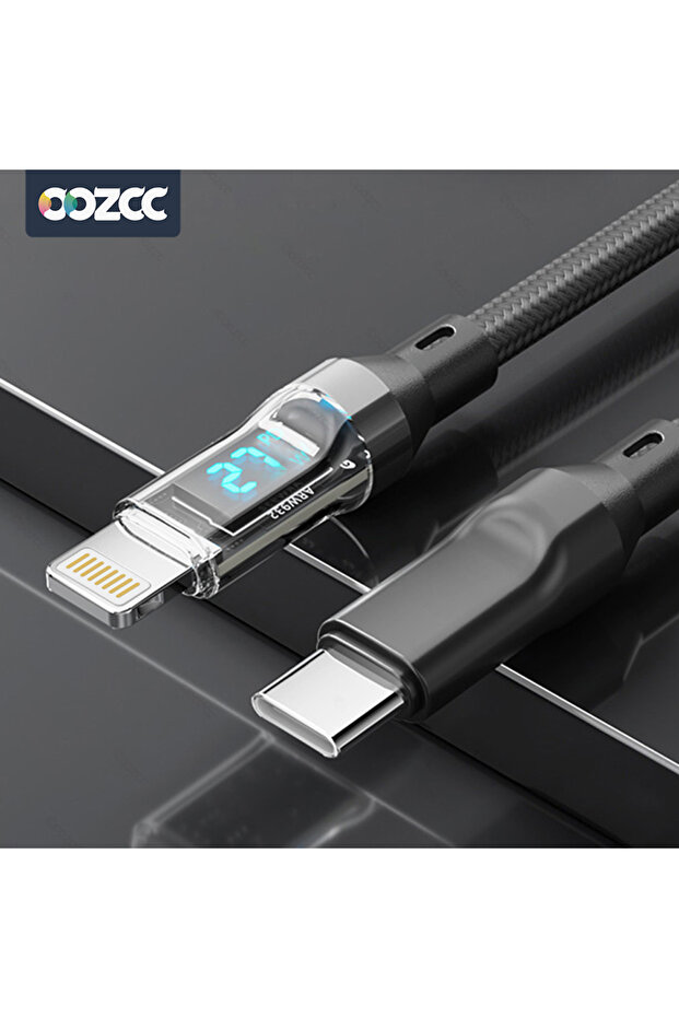 كابل شحن سريع من Type-C إلى Lightning PD بقوة 27 وات، بطول 100 سم - 3.3 قدم - 39.4 بوصة، مزود بشاشة LCD وغطاء شفاف، ومنفذ بيانات T