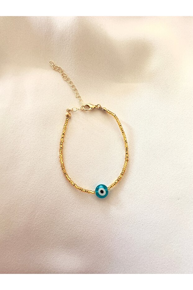 Glass Blue Evil Eye Bead Gold Color Bead Bracelet