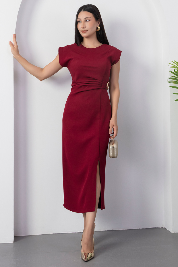 Crew Neck Buckled Ruched Dress YZC25Y228