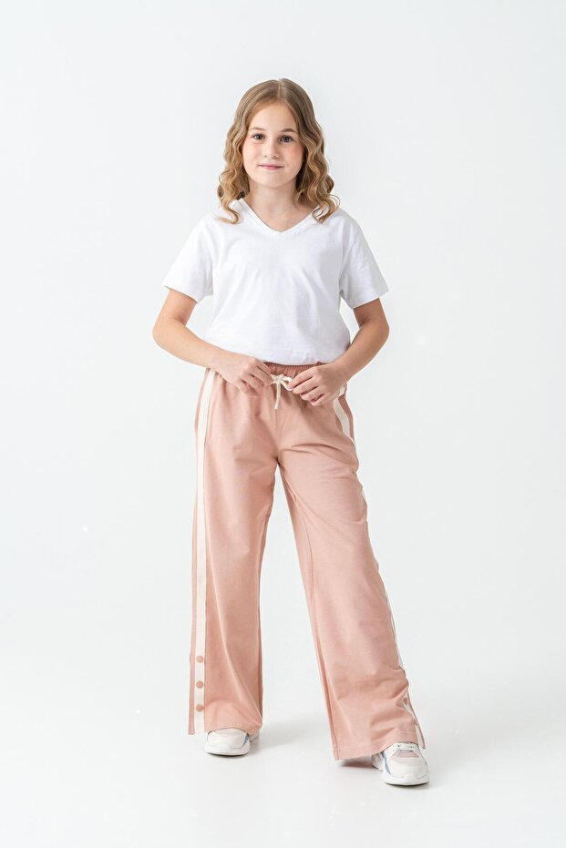 Girls' Tracksuit Bottom with Side Grosgrain Stripe and Snap Fasteners