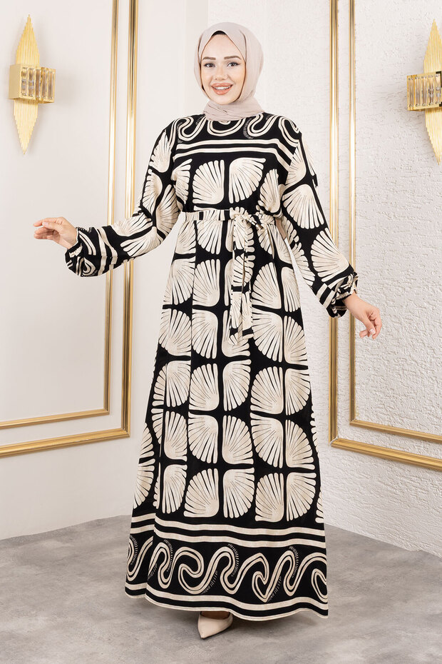 Oyster Patterned Viscose Long Hijab Dress Tsd250212 Beige