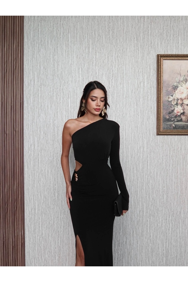 Bel Aksesuar Tek Kol Elbise - 4