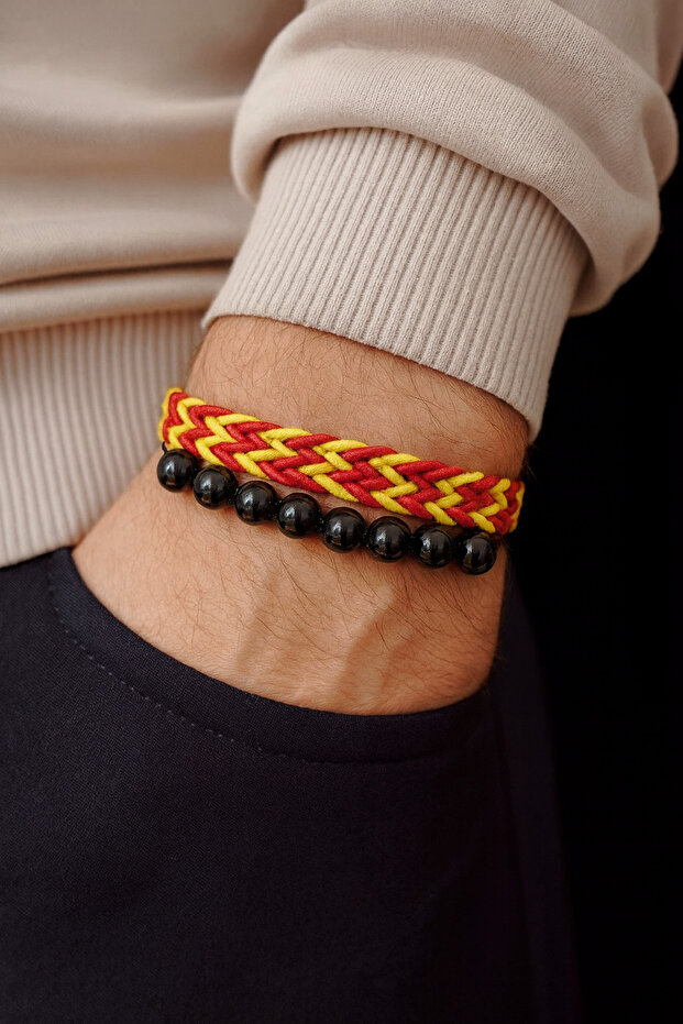 Yellow Red Woven Fabric & Beads Unisex Bracelet