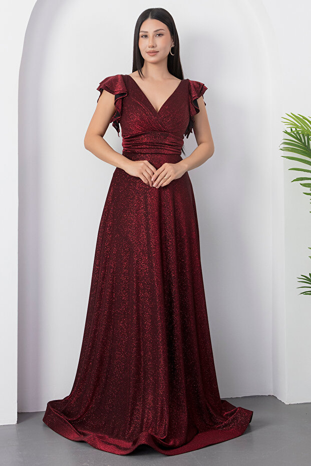 Kol Volanlı Simli Abiye Elbise 39925 - 5