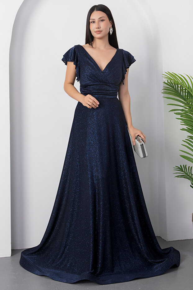 Kol Volanlı Simli Abiye Elbise 39925 - 3