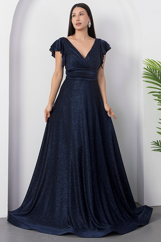 Kol Volanlı Simli Abiye Elbise 39925 - 6