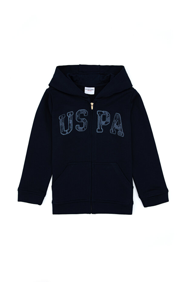 Girl's Navy Blue Sequin Embroidered Hooded Basic Sweatshirt 50314936-Vr033