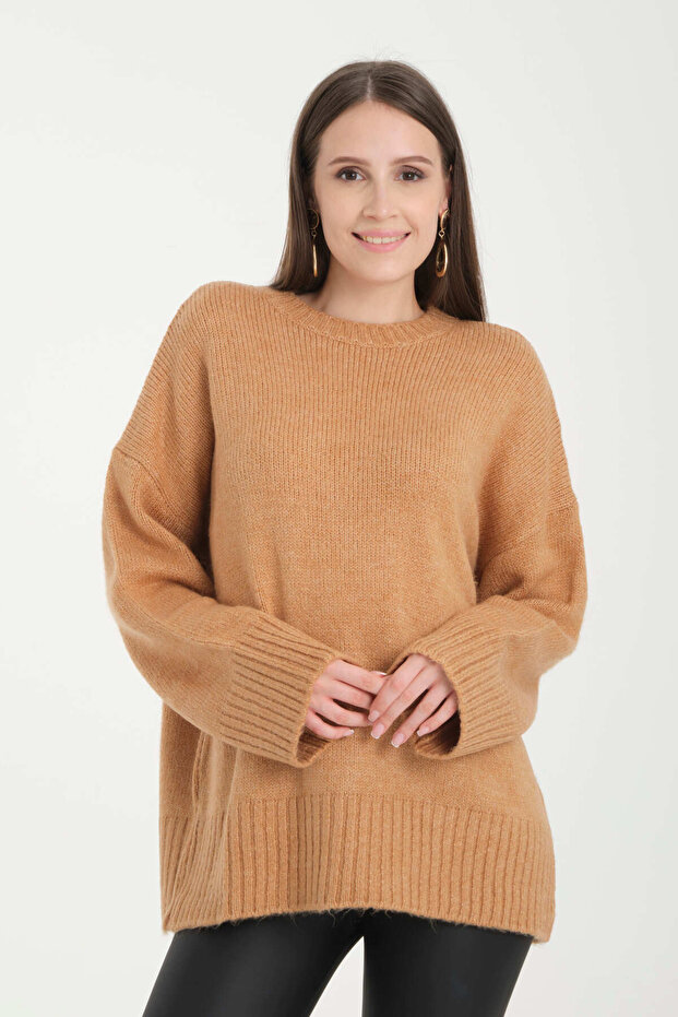 Oversize Basic Bej Uzun Kadın Kazak - 5