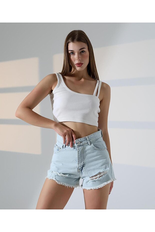 Kadın Lazerli Kot Şort - 1