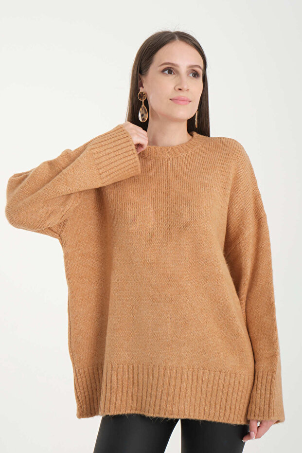 Oversize Basic Bej Uzun Kadın Kazak - 4